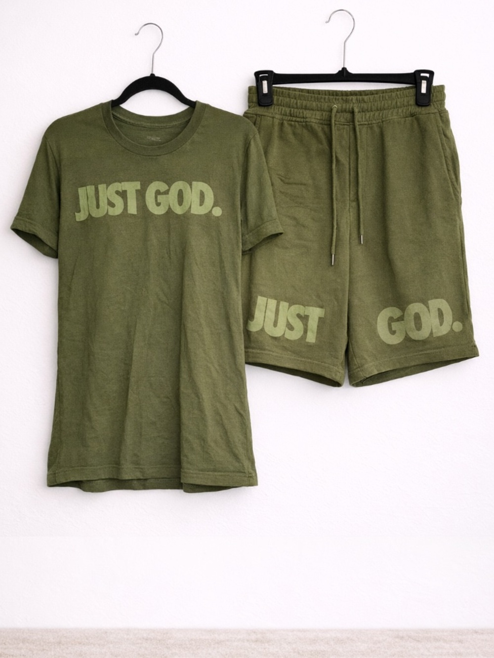 Olive Green “JUST GOD.” Tee & Shorts Set